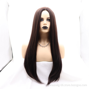 Vigorous cheap high quality long straight brown wholesale heat resistant for black women synthetic wig none lace